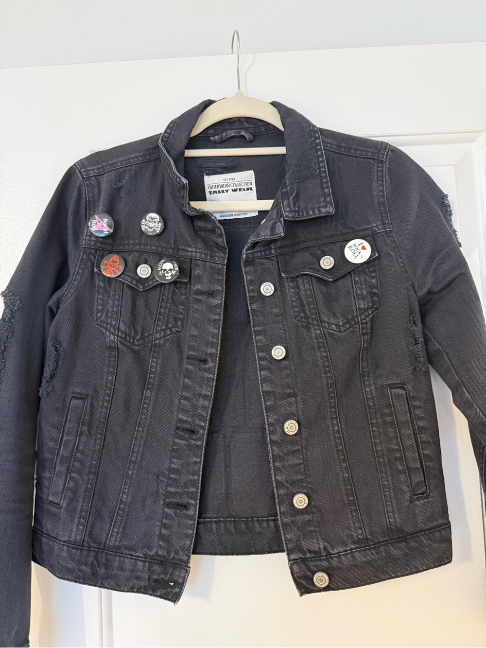 Black Denim Jacket with Badge Accents